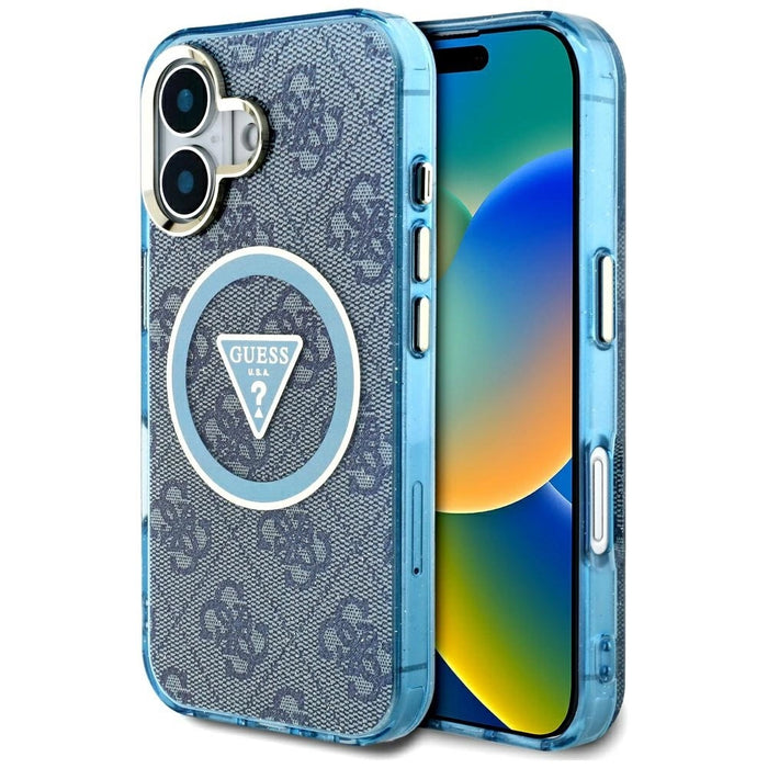 Guess IML Metal Glitter 4G Circle Triangle MagSafe Case за iPhone 16 - син