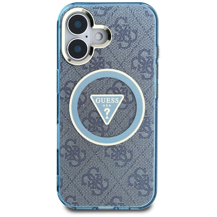 Guess IML Metal Glitter 4G Circle Triangle MagSafe Case за iPhone 16 - син