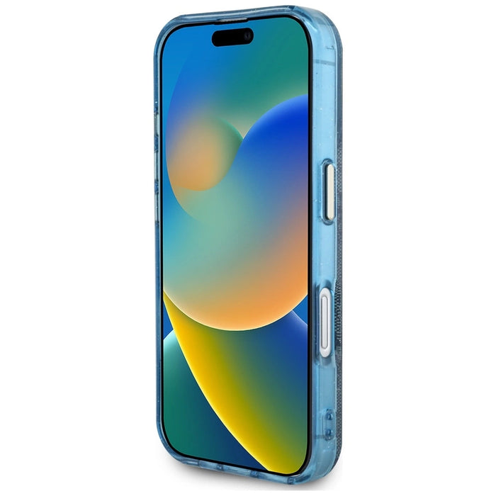 Guess IML Metal Glitter 4G Circle Triangle MagSafe Case за iPhone 16 - син