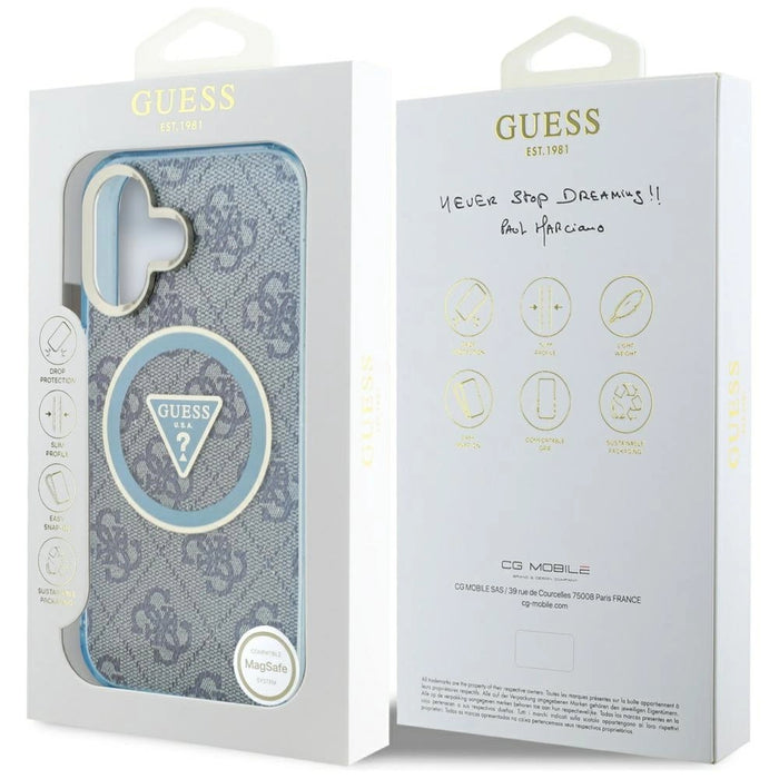 Guess IML Metal Glitter 4G Circle Triangle MagSafe Case за iPhone 16 - син