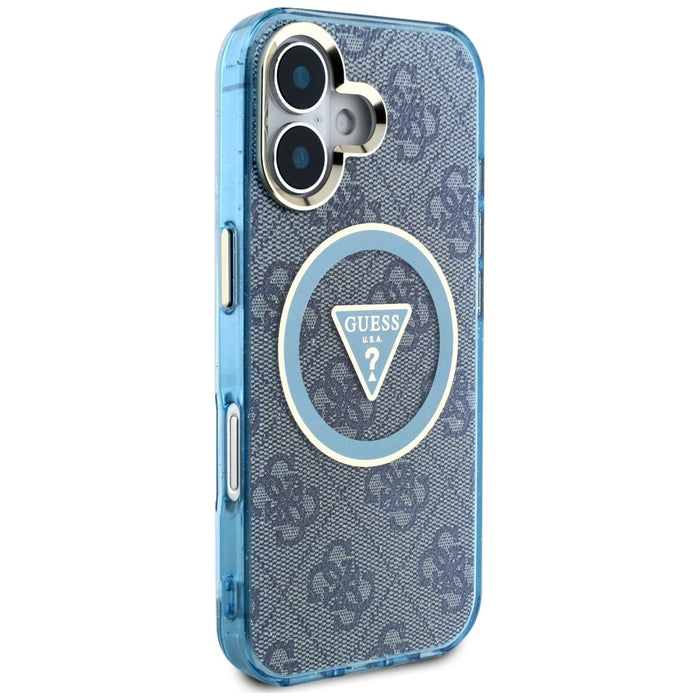 Guess IML Metal Glitter 4G Circle Triangle MagSafe Case за iPhone 16 - син