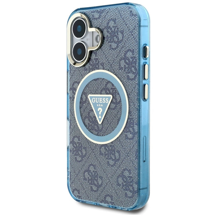 Guess IML Metal Glitter 4G Circle Triangle MagSafe Case за iPhone 16 - син