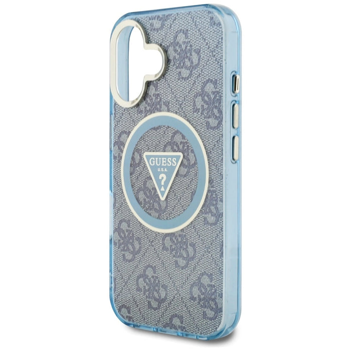 Guess IML Metal Glitter 4G Circle Triangle MagSafe Case за iPhone 16 - син
