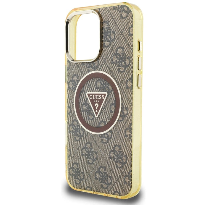 Guess IML Metal Glitter 4G Circle Triangle MagSafe Case за iPhone 16 Pro - кафяв