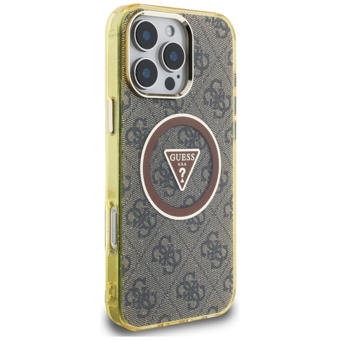 Guess IML Metal Glitter 4G Circle Triangle MagSafe Case за iPhone 16 Pro - кафяв