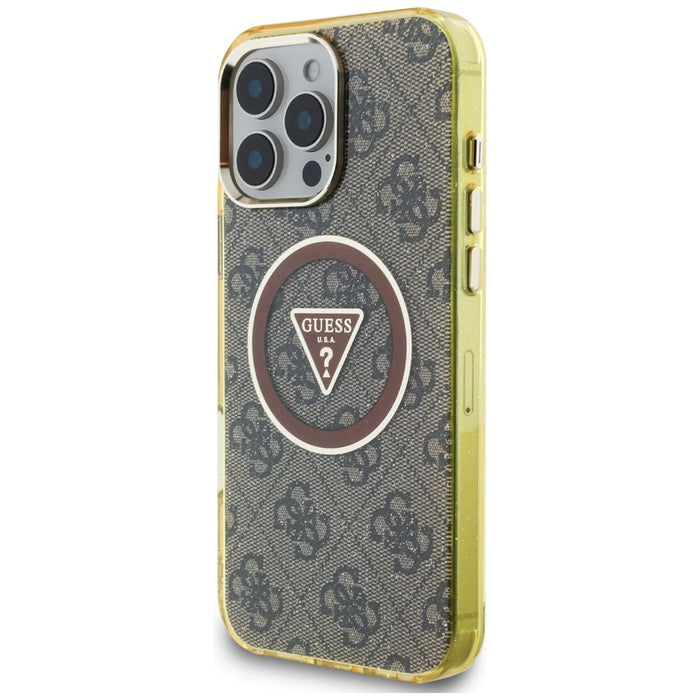 Guess IML Metal Glitter 4G Circle Triangle MagSafe Case за iPhone 16 Pro - кафяв