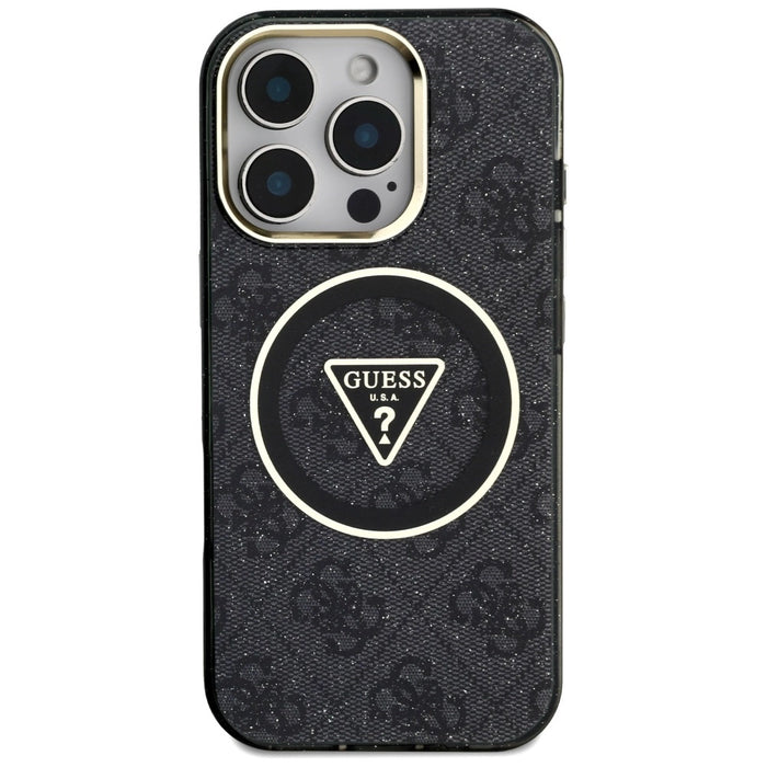 Guess IML Metal Glitter 4G Circle Triangle MagSafe Case за iPhone 16 Pro - черен