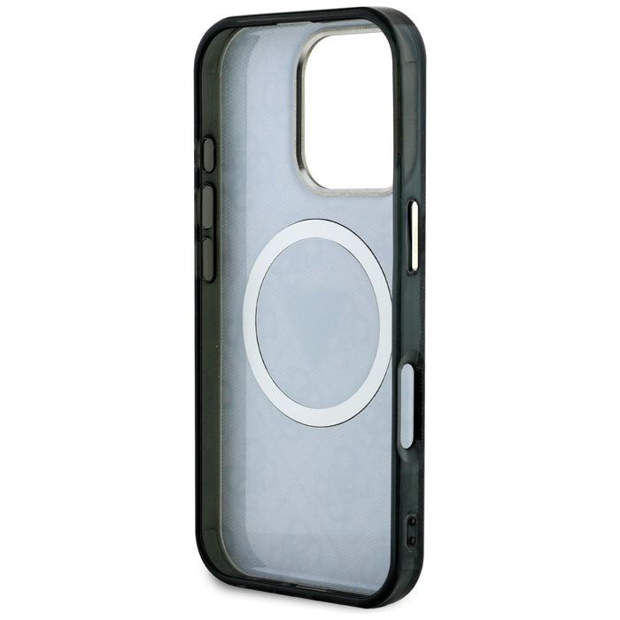 Guess IML Metal Glitter 4G Circle Triangle MagSafe Case за iPhone 16 Pro - черен
