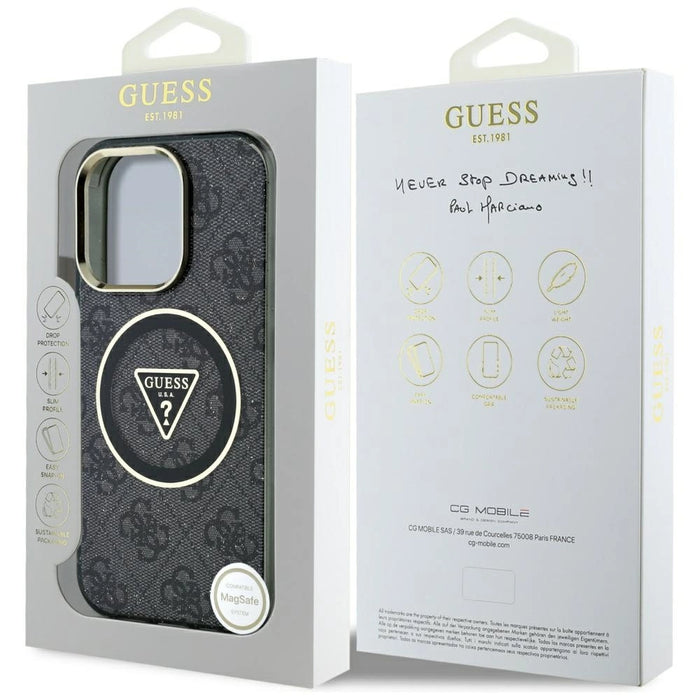 Guess IML Metal Glitter 4G Circle Triangle MagSafe Case за iPhone 16 Pro - черен