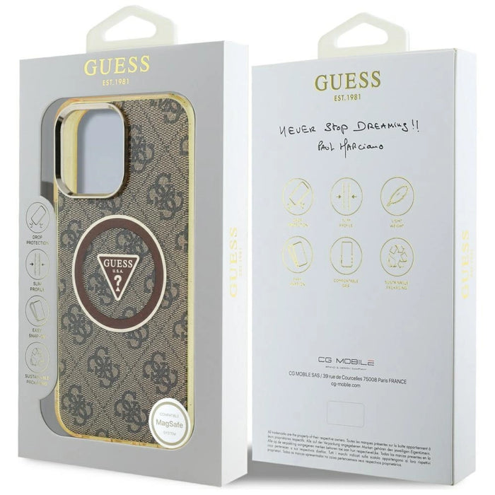 Guess IML Metal Glitter 4G Circle Triangle MagSafe Case за iPhone 16 Pro Max - кафяв