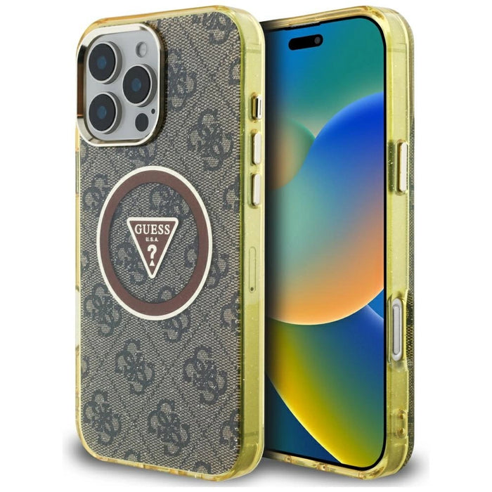 Guess IML Metal Glitter 4G Circle Triangle MagSafe Case за iPhone 16 Pro Max - кафяв