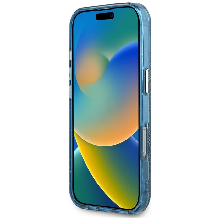 Guess IML Metal Glitter 4G Circle Triangle MagSafe Case за iPhone 16 Pro Max - син