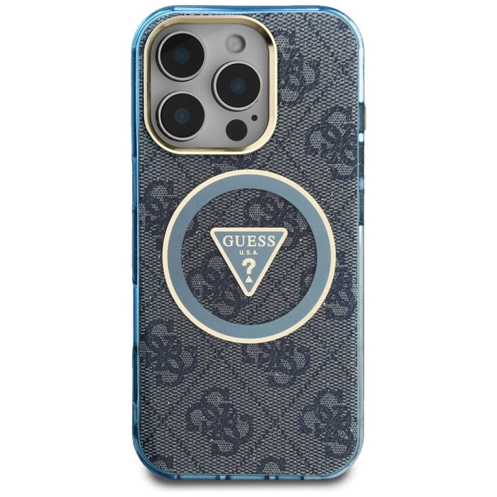 Guess IML Metal Glitter 4G Circle Triangle MagSafe Case за iPhone 16 Pro Max - син
