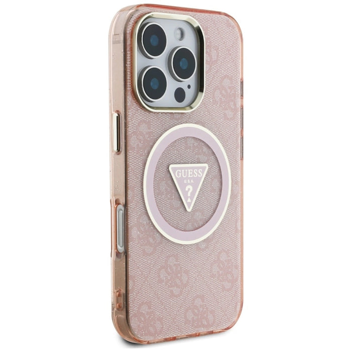 Guess IML Metal Glitter 4G Circle Triangle MagSafe Case за iPhone 16 Pro Max - розов