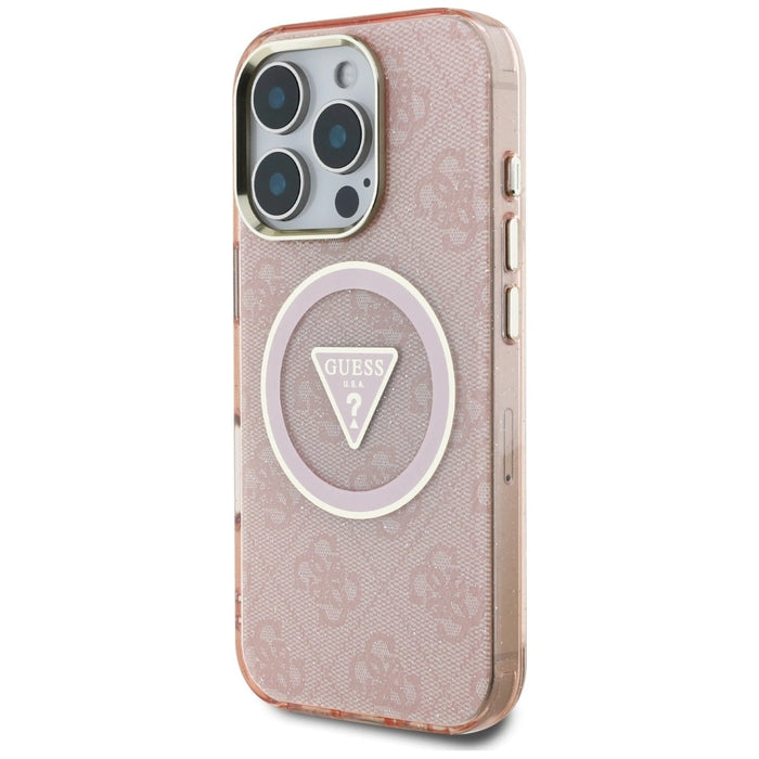 Guess IML Metal Glitter 4G Circle Triangle MagSafe Case за iPhone 16 Pro Max - розов