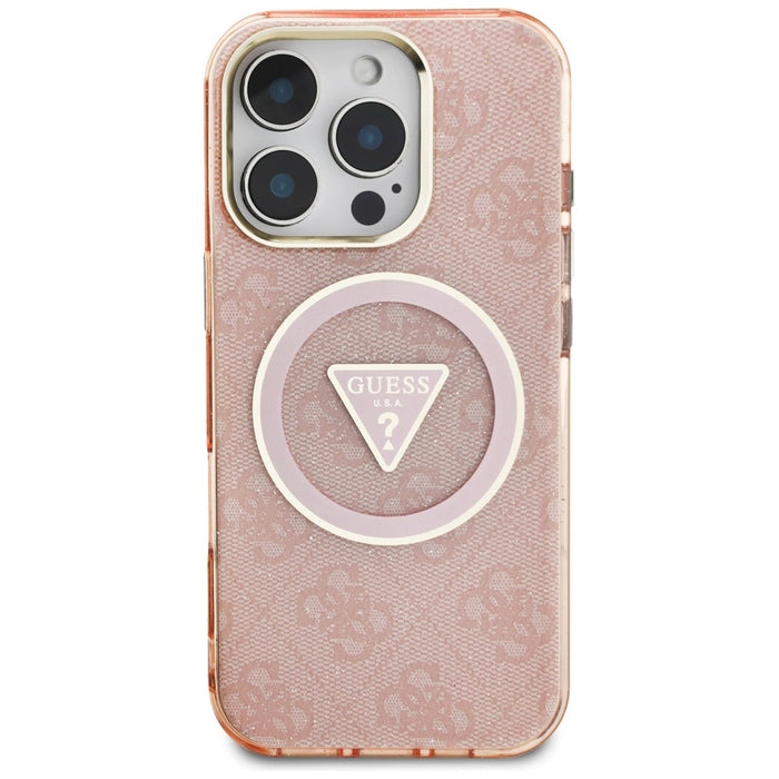 Guess IML Metal Glitter 4G Circle Triangle MagSafe Case за iPhone 16 Pro Max - розов