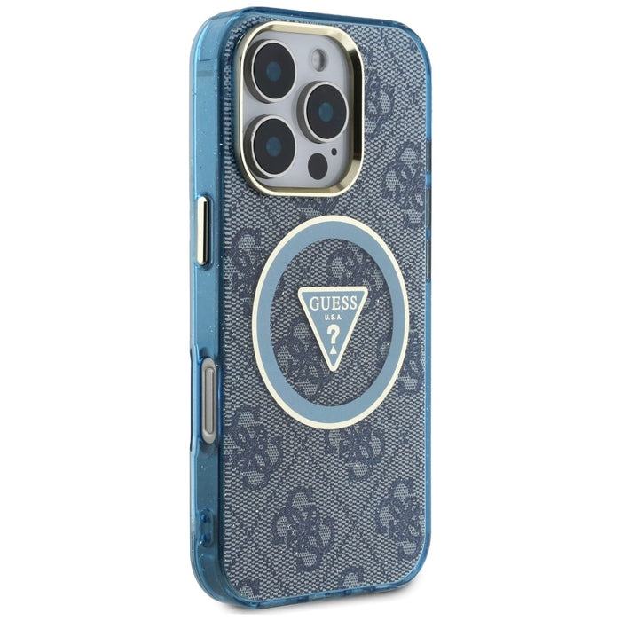 Guess IML Metal Glitter 4G Circle Triangle MagSafe Case за iPhone 16 Pro - син