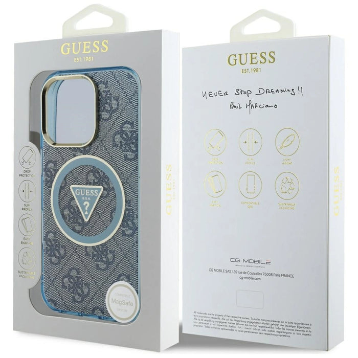Guess IML Metal Glitter 4G Circle Triangle MagSafe Case за iPhone 16 Pro - син