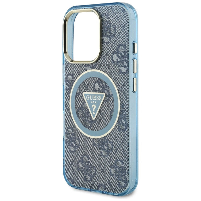 Guess IML Metal Glitter 4G Circle Triangle MagSafe Case за iPhone 16 Pro - син