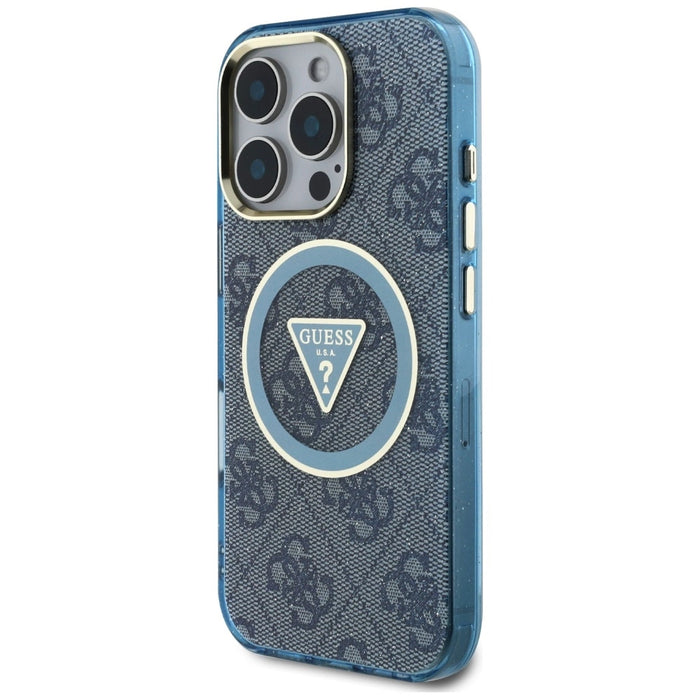 Guess IML Metal Glitter 4G Circle Triangle MagSafe Case за iPhone 16 Pro - син