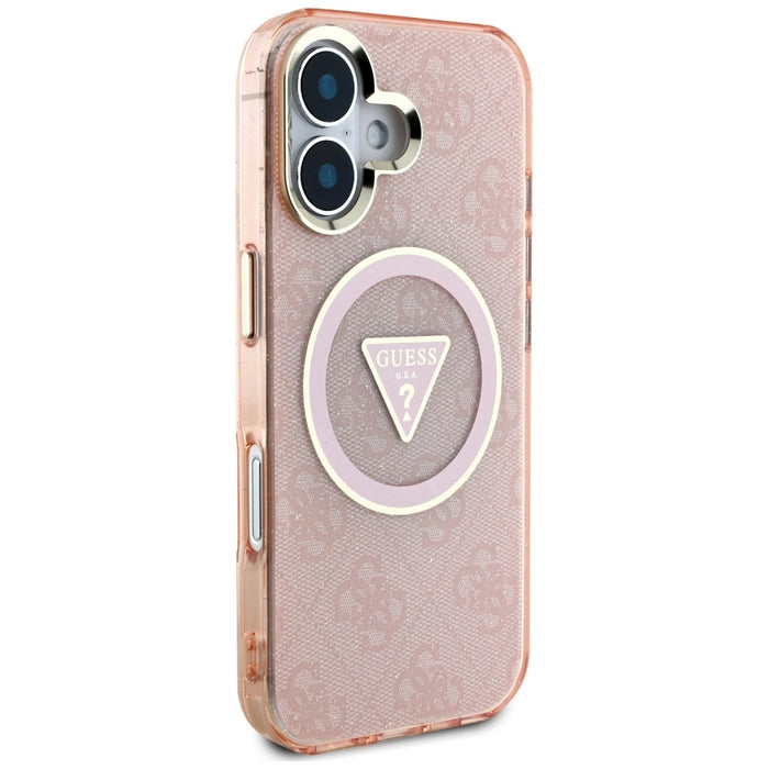 Guess IML Metal Glitter 4G Circle Triangle MagSafe калъф за iPhone 16 - розов