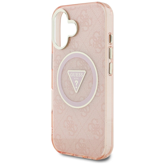 Guess IML Metal Glitter 4G Circle Triangle MagSafe калъф за iPhone 16 - розов