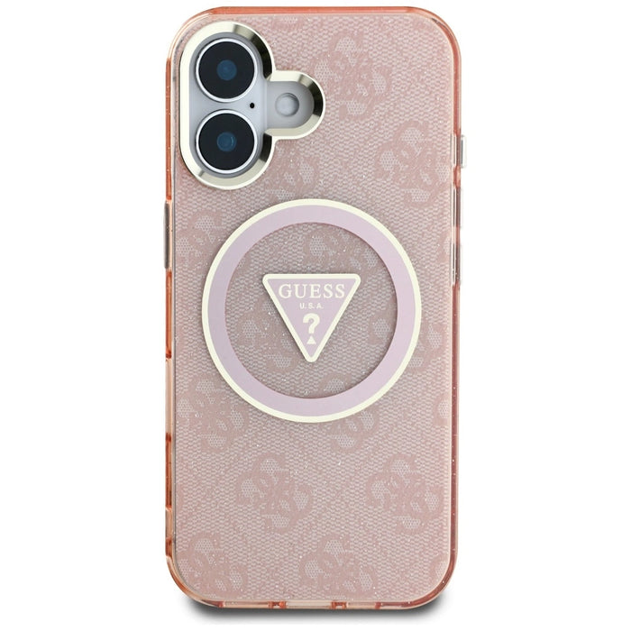 Guess IML Metal Glitter 4G Circle Triangle MagSafe калъф за iPhone 16 - розов
