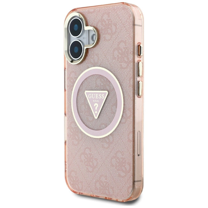 Guess IML Metal Glitter 4G Circle Triangle MagSafe калъф за iPhone 16 - розов