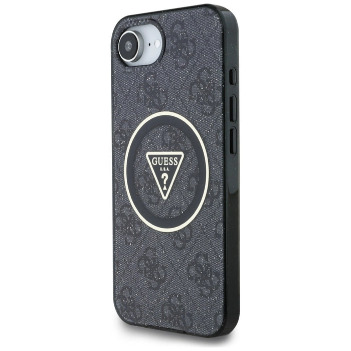 Guess IML Metal Glitter 4G Circle Triangle MagSafe Case за iPhone 16e - черен