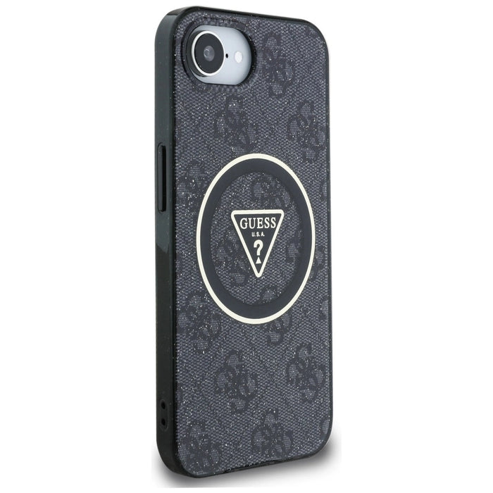 Guess IML Metal Glitter 4G Circle Triangle MagSafe Case за iPhone 16e - черен
