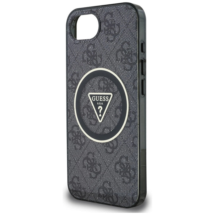Guess IML Metal Glitter 4G Circle Triangle MagSafe Case за iPhone 16e - черен