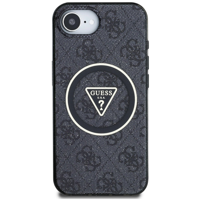 Guess IML Metal Glitter 4G Circle Triangle MagSafe Case за iPhone 16e - черен