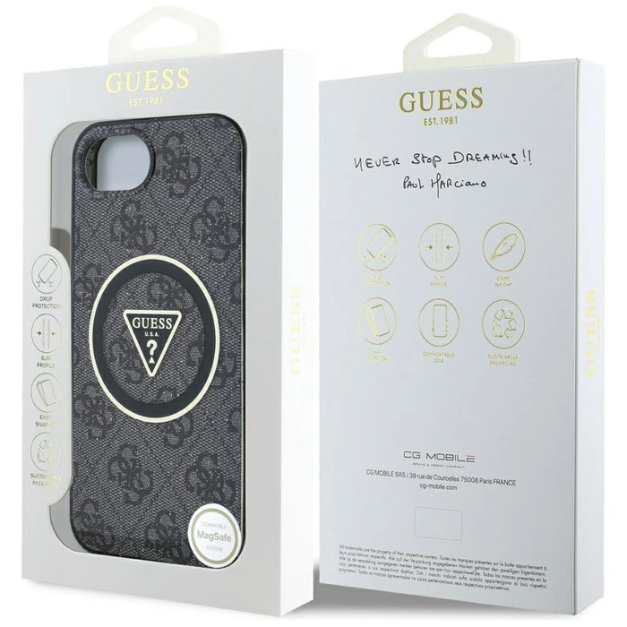 Guess IML Metal Glitter 4G Circle Triangle MagSafe Case за iPhone 16e - черен