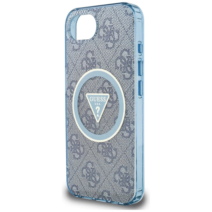 Guess IML Metal Glitter 4G Circle Triangle MagSafe Case за iPhone 16e - син