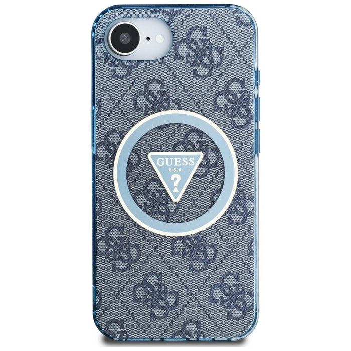 Guess IML Metal Glitter 4G Circle Triangle MagSafe Case за iPhone 16e - син