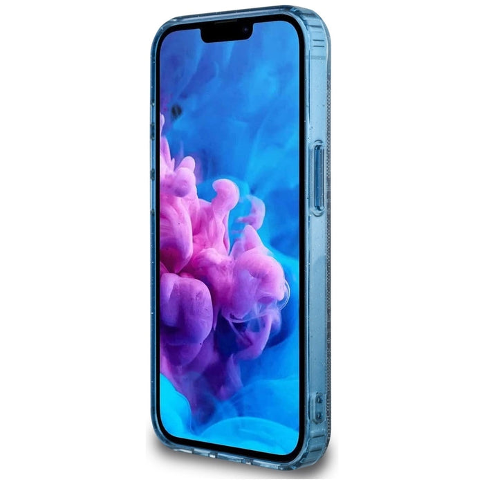 Guess IML Metal Glitter 4G Circle Triangle MagSafe Case за iPhone 16e - син