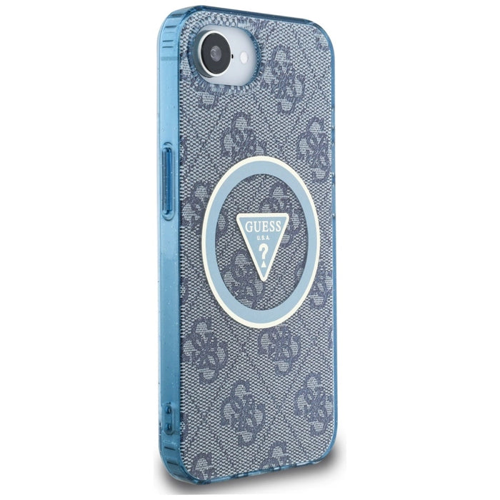 Guess IML Metal Glitter 4G Circle Triangle MagSafe Case за iPhone 16e - син