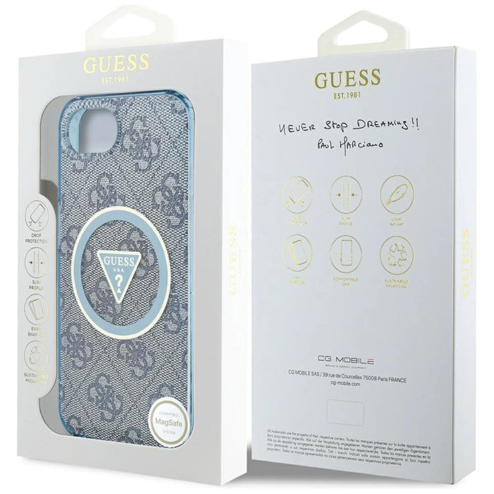 Guess IML Metal Glitter 4G Circle Triangle MagSafe Case за iPhone 16e - син