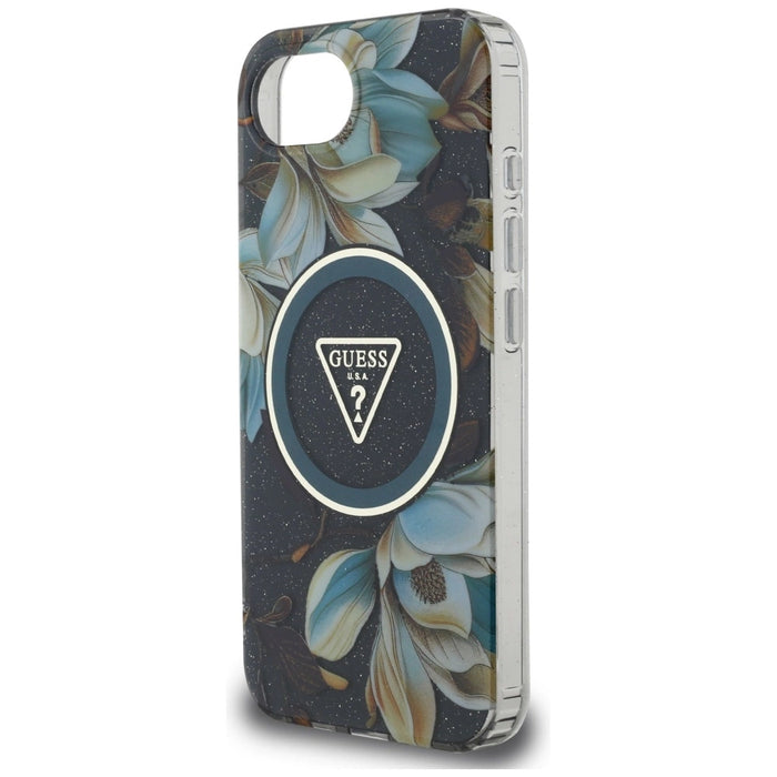 Калъф Guess IML Metal Glitter Flowers Triangle MagSafe за iPhone 16e - черен