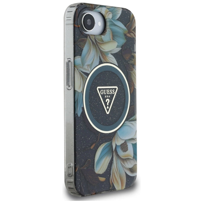 Калъф Guess IML Metal Glitter Flowers Triangle MagSafe за iPhone 16e - черен