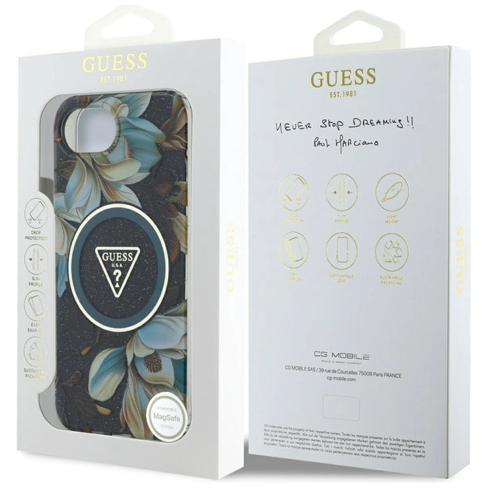 Калъф Guess IML Metal Glitter Flowers Triangle MagSafe за iPhone 16e - черен