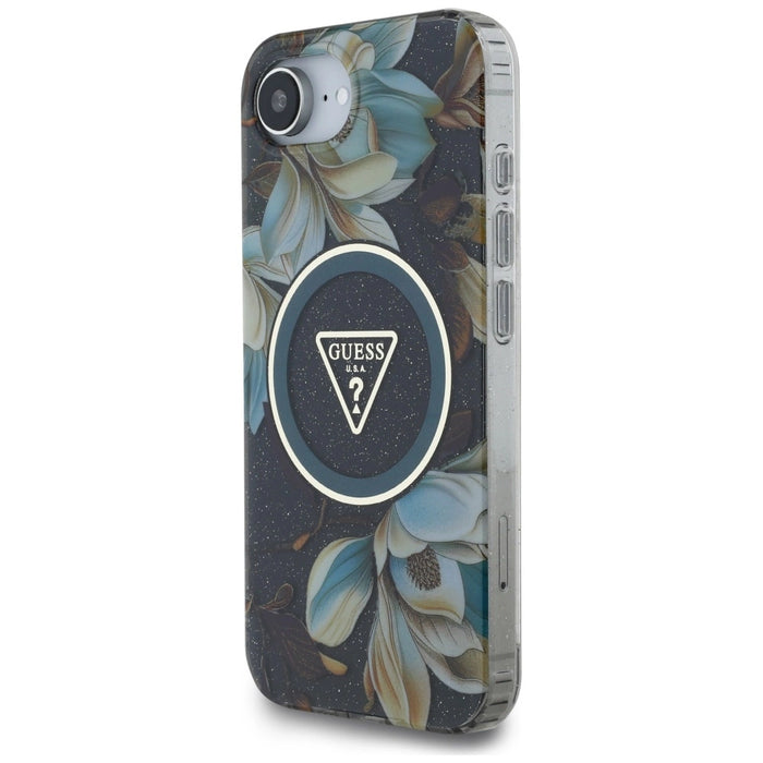 Калъф Guess IML Metal Glitter Flowers Triangle MagSafe за iPhone 16e - черен