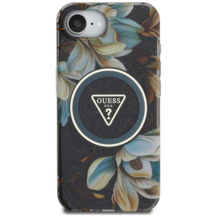 Калъф Guess IML Metal Glitter Flowers Triangle MagSafe за iPhone 16e - черен