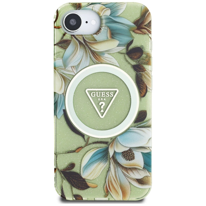 Калъф Guess IML Metal Glitter Flowers Triangle MagSafe iPhone 16e - зелен