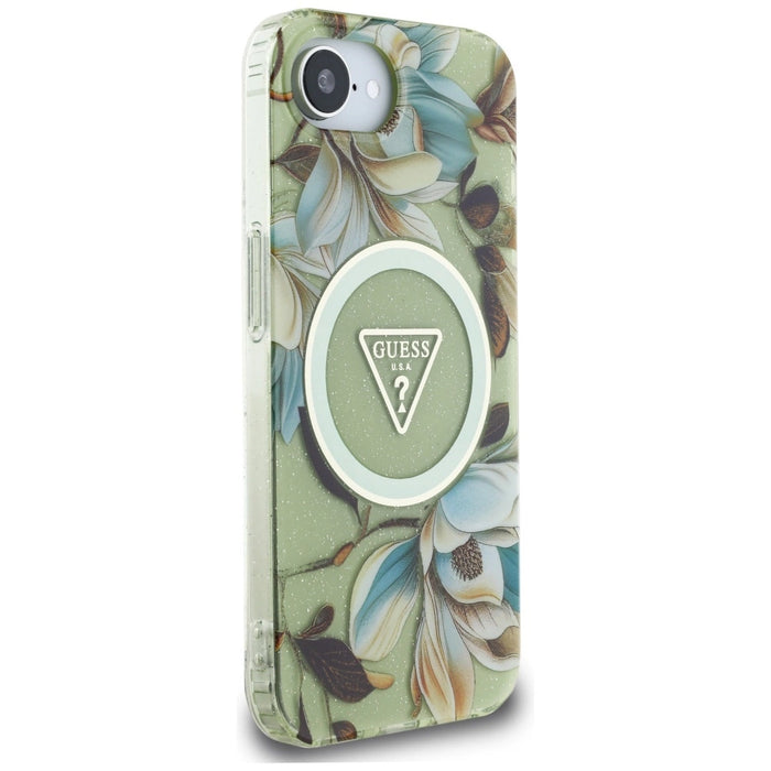 Калъф Guess IML Metal Glitter Flowers Triangle MagSafe iPhone 16e - зелен