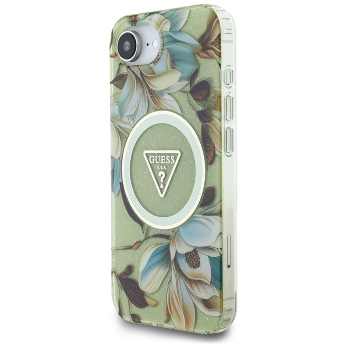 Калъф Guess IML Metal Glitter Flowers Triangle MagSafe iPhone 16e - зелен
