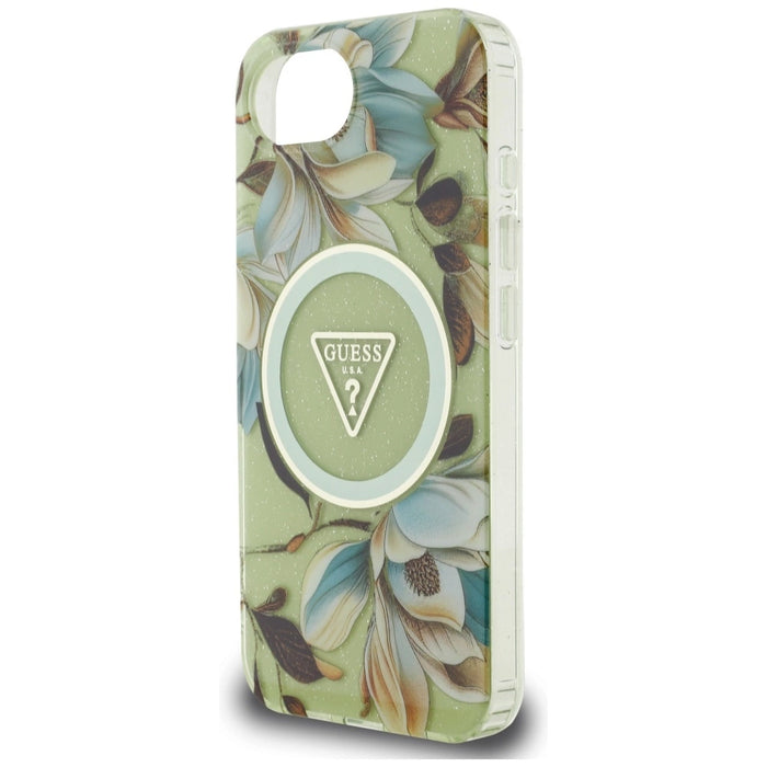 Калъф Guess IML Metal Glitter Flowers Triangle MagSafe iPhone 16e - зелен