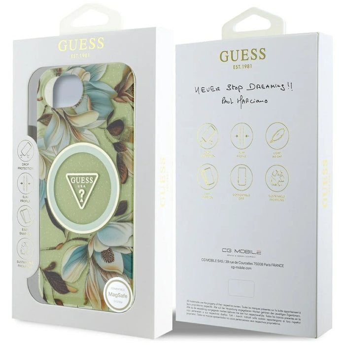 Калъф Guess IML Metal Glitter Flowers Triangle MagSafe iPhone 16e - зелен