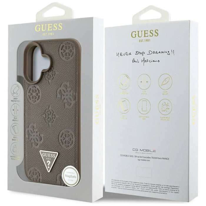 Калъф Guess Grained Hot Stamp Peony Triangle Logo MagSafe за iPhone 16 - кафяв