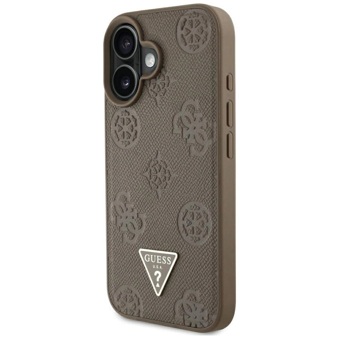 Калъф Guess Grained Hot Stamp Peony Triangle Logo MagSafe за iPhone 16 - кафяв